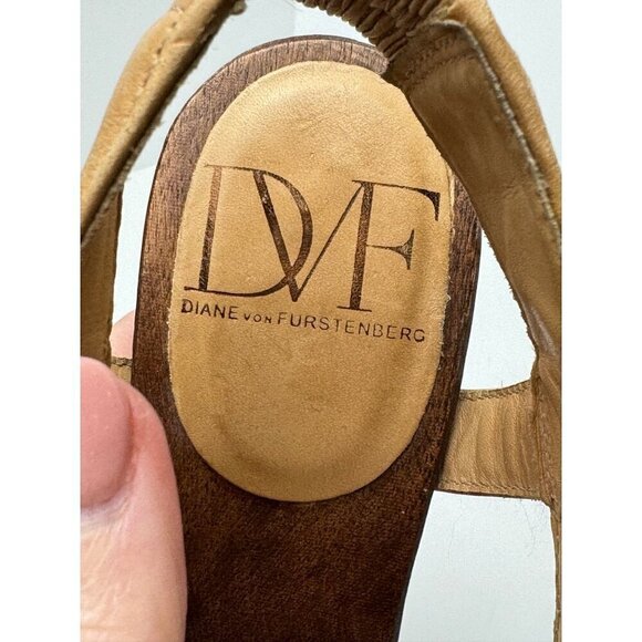 Diane Von Furstenberg Shoes Women 6 Tan Leather Open Toe Slingback Wood Heels - Picture 11 of 12